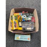 A box of mid 20th century and later die cast vehicles to include Corgi steam shovel and transporter