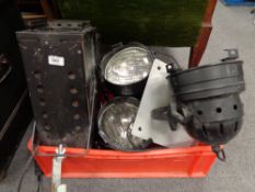 A crate of six assorted theatre and stage lights