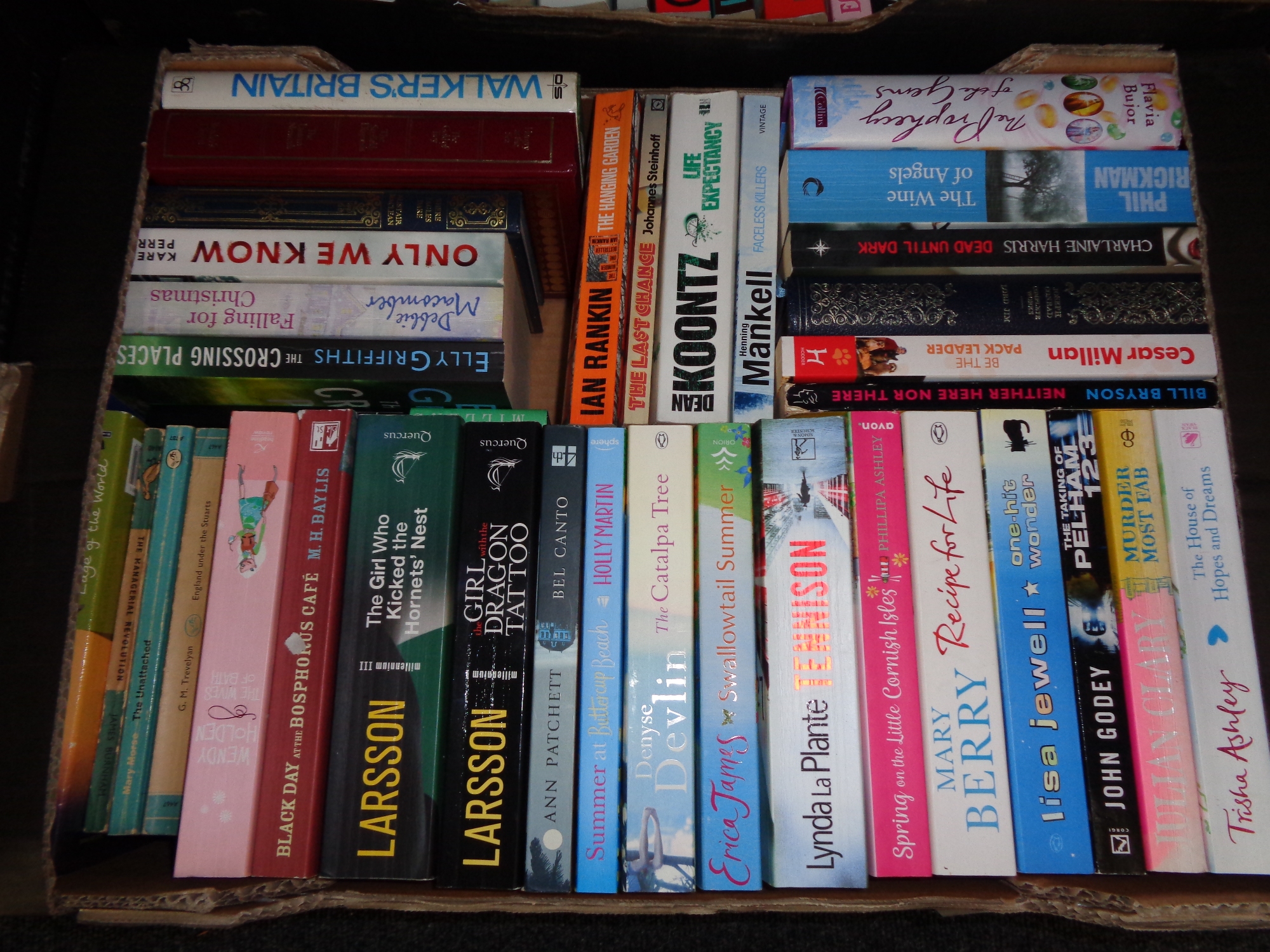 A box of hardback and paperback books; novels to include Larsson,