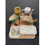 A tray of assorted china to include Royal Doulton character jug 'Arriet', Indian Tree vase,