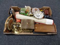 A box of miscellaneous to include mid century mantel clocks, anniversary clock,