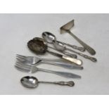 Assorted silver cutlery including cake forks, spoons etc,