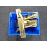 A box of two pairs of heavy brass door handles with finger plates etc