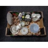 A box of miscalaneous, antique pewter, Ringtons mugs, Continental spill vases,