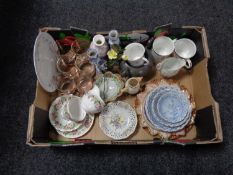 A box of miscalaneous, antique pewter, Ringtons mugs, Continental spill vases,