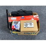 A box of Microsoft optical keyboard, laptop bag containing IBM laptop with charger, mouse,