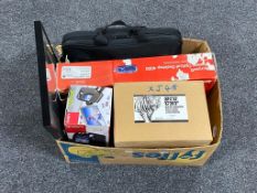 A box of Microsoft optical keyboard, laptop bag containing IBM laptop with charger, mouse,