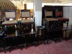 Five oak bar tables together with nine bar chairs and stool