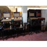 Five oak bar tables together with nine bar chairs and stool