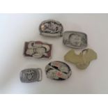 A box of six assorted metal belt buckles, Mack trucks, united states Navy,