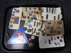 A tray of vintage enamelled badges, railways etc AEG plaque.