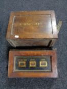 A mahogany bell box together with a mid century First Aid box with contents