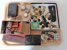 A tray of cased Parker pen, collector's cards, matchbooks, Gent's watches and pocket watches,