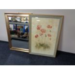 A contemporary gilt framed print - poppies together with a gilt overmantel mirror