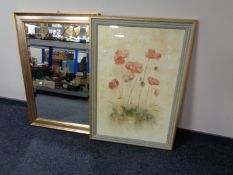 A contemporary gilt framed print - poppies together with a gilt overmantel mirror