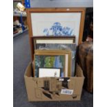 A box of assorted pictures and prints - oil on canvas signed Eheyne,