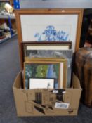 A box of assorted pictures and prints - oil on canvas signed Eheyne,