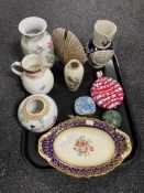 A tray of antique and later china, Alan Wallwork studio pottery vase, Aynsley cobalt blue oval dish,