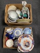 Two boxes of china including antique lidded tureen, blue and white tureens, James Green tea plates,