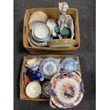 Two boxes of china including antique lidded tureen, blue and white tureens, James Green tea plates,