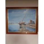 A framed Robin Yeats oil on canvas - Sailing boat ran a ground together with two further framed