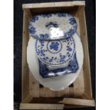 A box of antique blue and white meat plates and serving plates