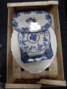 A box of antique blue and white meat plates and serving plates