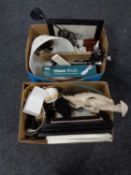 Two boxes of pictures, cutlery,