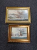 Two PJ Wintrip oil paintings in gilt frames depicting ships in choppy water