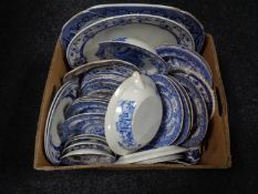 A box of antique blue and white meat plates,