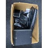 A box of assorted electricals, sub woofer with surround, keyboard,