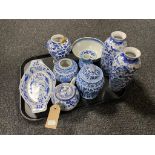 A tray of antique and later blue and white Chinese porcelain, vases,