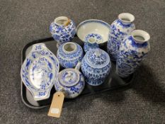 A tray of antique and later blue and white Chinese porcelain, vases,