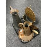 A tray of antique copper ware, wall pocket with tap, hearth brush and scoop,