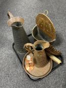 A tray of antique copper ware, wall pocket with tap, hearth brush and scoop,