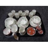 A tray of assorted china, Royal Worcester King Fisher, Rail and chain milk jugs,