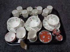 A tray of assorted china, Royal Worcester King Fisher, Rail and chain milk jugs,