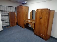 A four piece walnut Queen Anne style bedroom suite - lady's and gent's wardrobe,