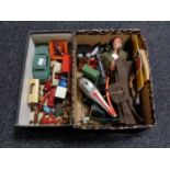 Two boxes of vintage Action man and accessories, Intercity tin plated helicopter,