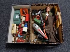 Two boxes of vintage Action man and accessories, Intercity tin plated helicopter,