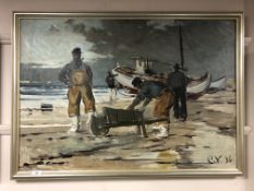 Continental school, fishermen on a beach,