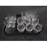 A tray of set of six lead crystal brandy glasses , two sets of tumblers.