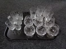 A tray of set of six lead crystal brandy glasses , two sets of tumblers.