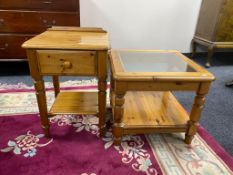 A Ducal pine glass topped lamp table together with side table fitted with a drawer