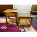 A Ducal pine glass topped lamp table together with side table fitted with a drawer