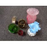 Six assorted glass vases including cranberry and green glass, hand painted vase,