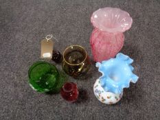 Six assorted glass vases including cranberry and green glass, hand painted vase,