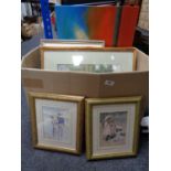 A quantity of decorative gilt framed pictures and prints, modern canvas picture, study of a beach,