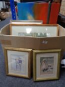 A quantity of decorative gilt framed pictures and prints, modern canvas picture, study of a beach,