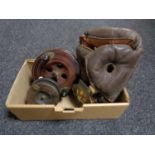 A box of leather head guard, two vintage AA badges, Scarborough fishing reel,